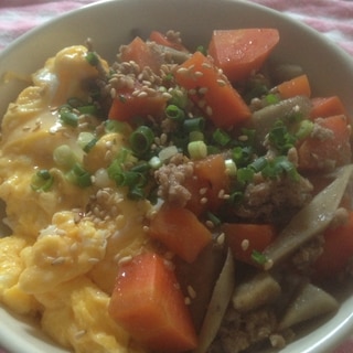 根菜類とそぼろと玉子丼